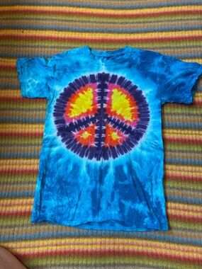 Blue Tie-Dye Muscle Tee with Peace Sign Graphic